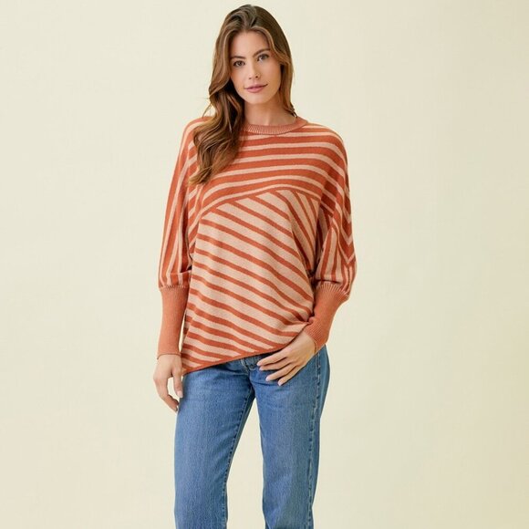 MYSTREE Taupe & Cream Diagonal Stripe Dolman Sleeve Sweater Asymmetrical Hem - Picture 2 of 8
